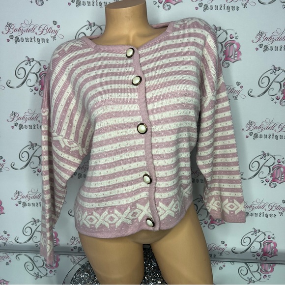 Equation cardigan vintage pink white Pearl buttons knitted stunning luxury top - Picture 1 of 9